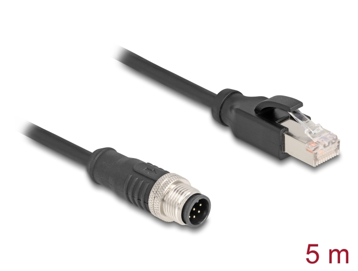 Un câble noir de 5 mètres avec un connecteur circulaire M12 à une extrémité et une prise RJ45 à l'autre.