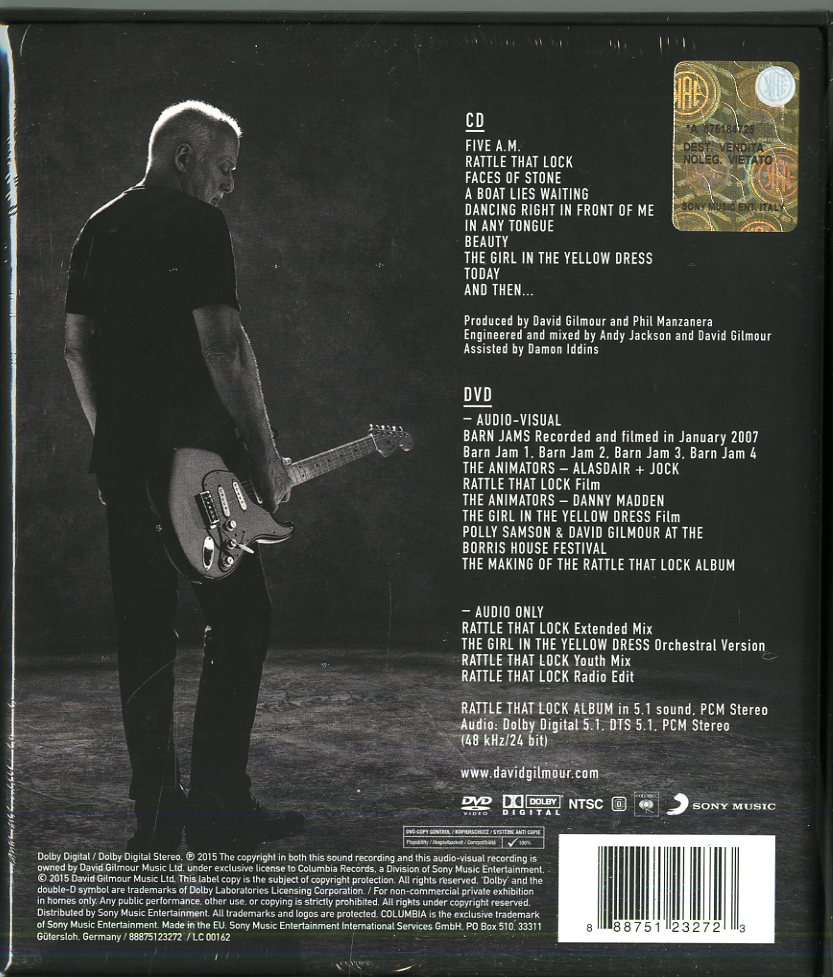 Back cover of a music CD and DVD showing David Gilmour holding an electric guitar and tracklist.