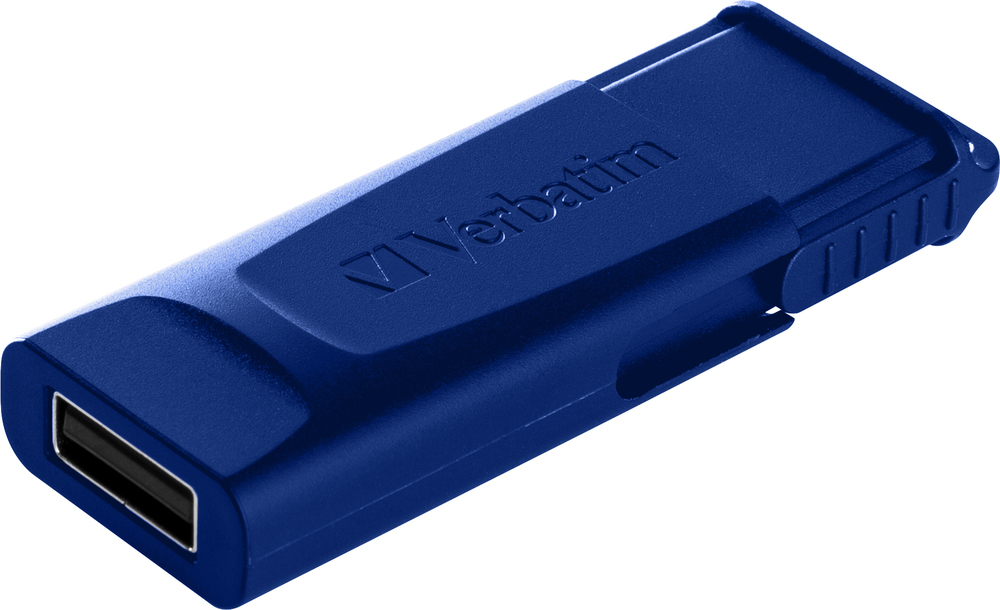 Una memoria USB Verbatim azul sobre un fondo blanco.