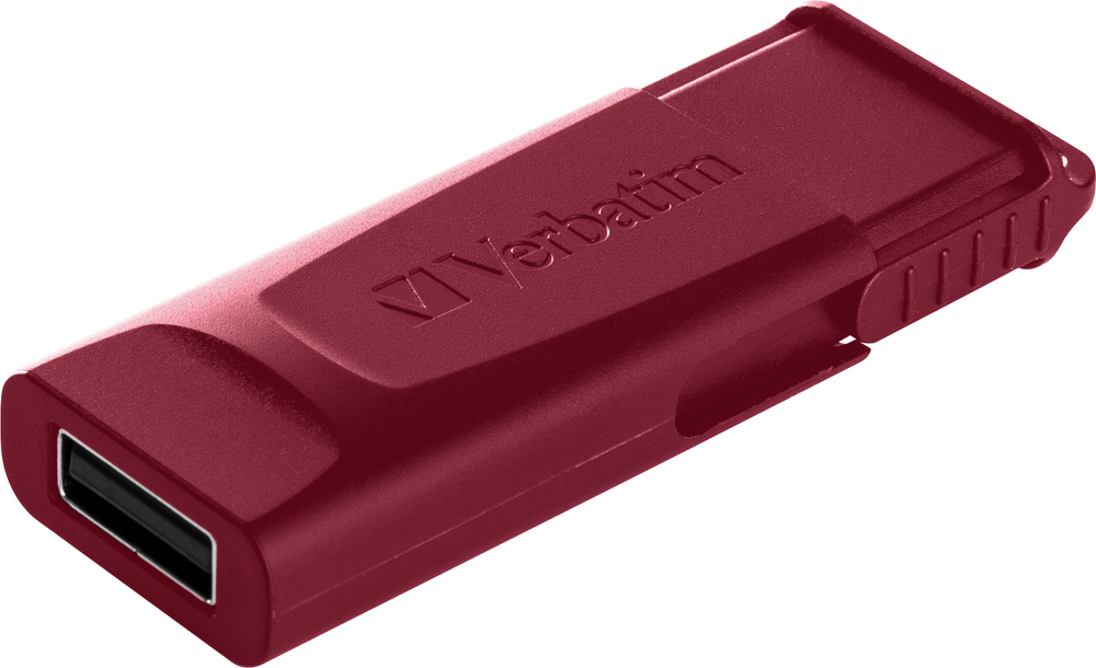 Una memoria USB Verbatim roja sobre un fondo claro.