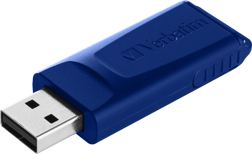 Una memoria USB Verbatim azul con un conector USB plateado sobre fondo blanco.