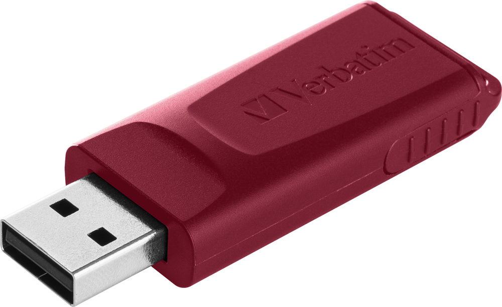 Una memoria USB Verbatim roja con un conector plateado sobre fondo blanco.