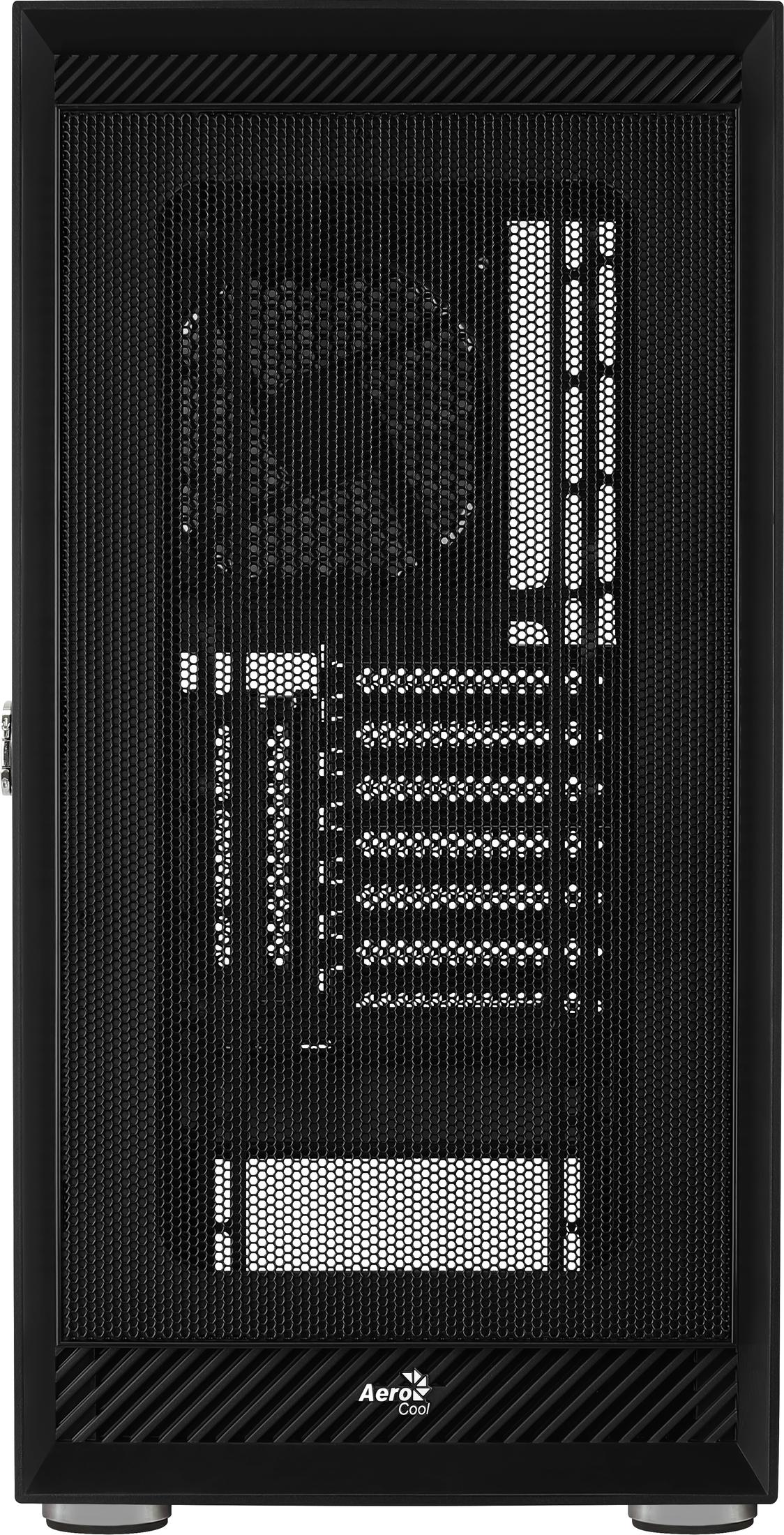 Schwarzes PC-Gehäuse mit perforierter Mesh-Front und AeroCool-Logo unten.