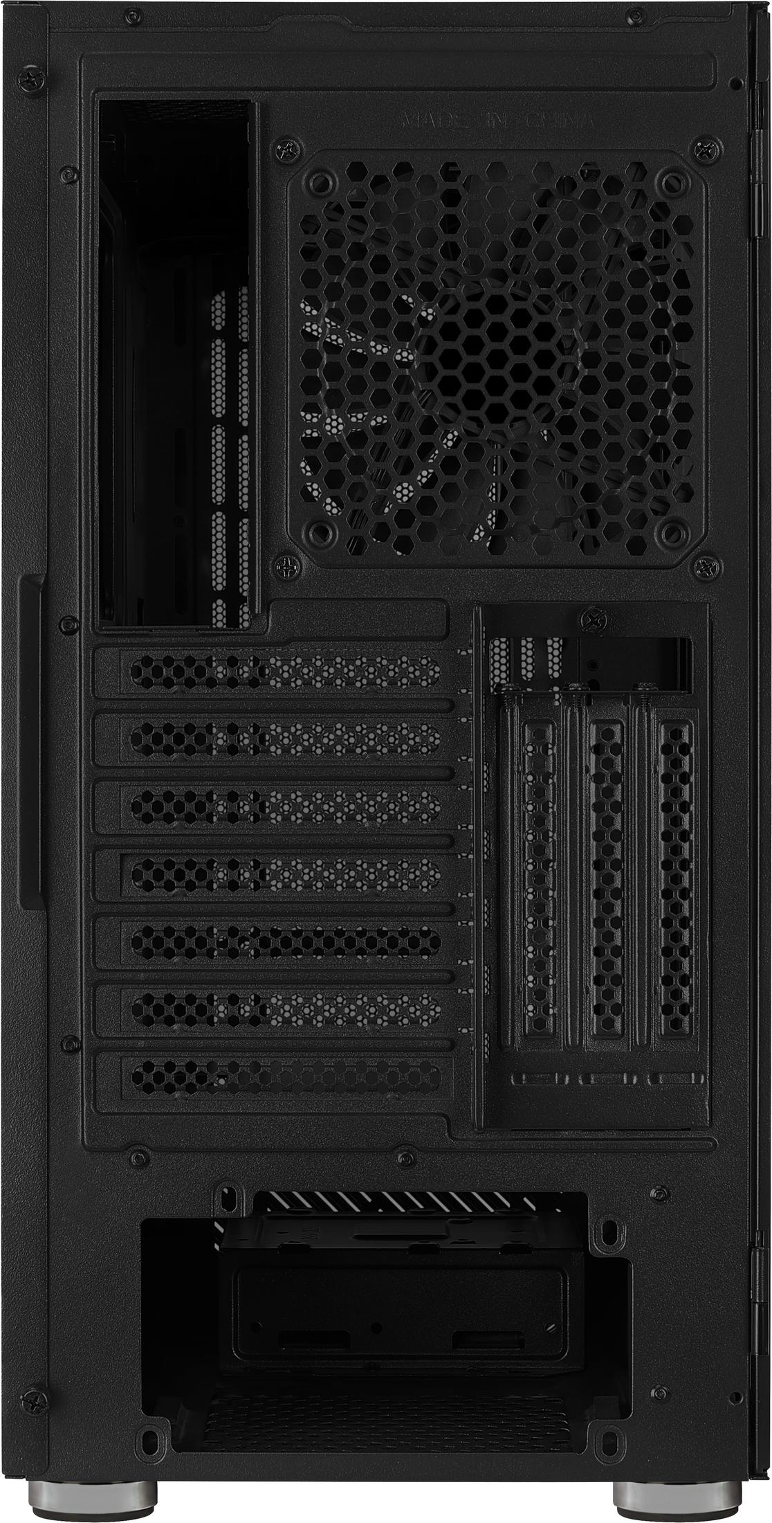 Rückseite eines schwarzen PC-Gehäuses mit Lüftungsgitter, Erweiterungssteckplätzen und Netzteilhalterung.