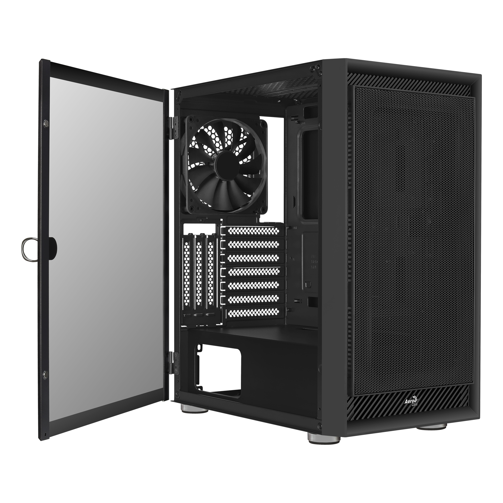 Schwarzes PC-Gehäuse mit Mesh-Front und geöffneter Glastür.
