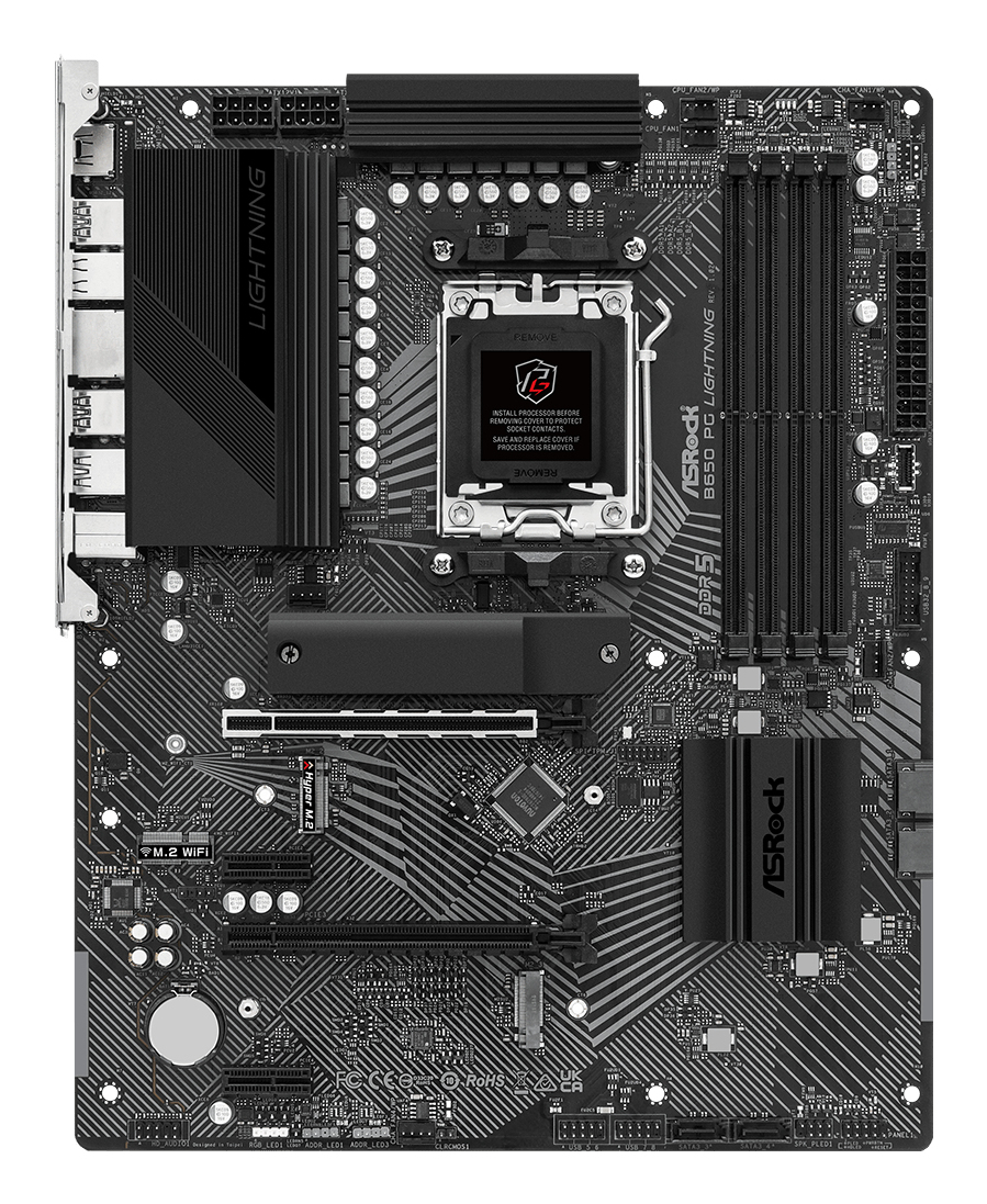 Ein schwarzes Asrock B650 PG Lightning Mainboard mit CPU-Sockel, RAM-Steckplätzen und Kühlkörpern.