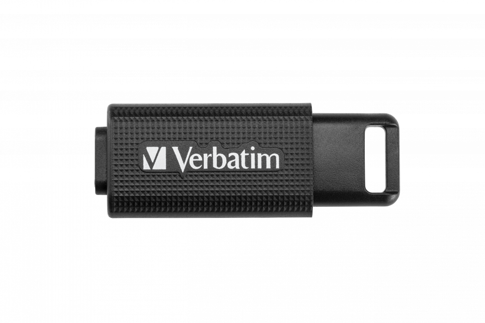 Una memoria USB Verbatim negra con agarre texturizado y ojal para llavero, aislada en fondo blanco.