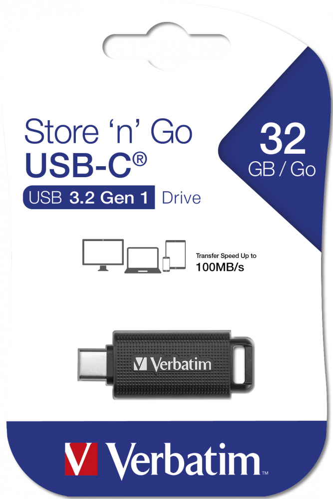 Empaque de memoria USB Verbatim Store 'n' Go USB-C 3.2 Gen 1 de 32GB con la unidad negra.
