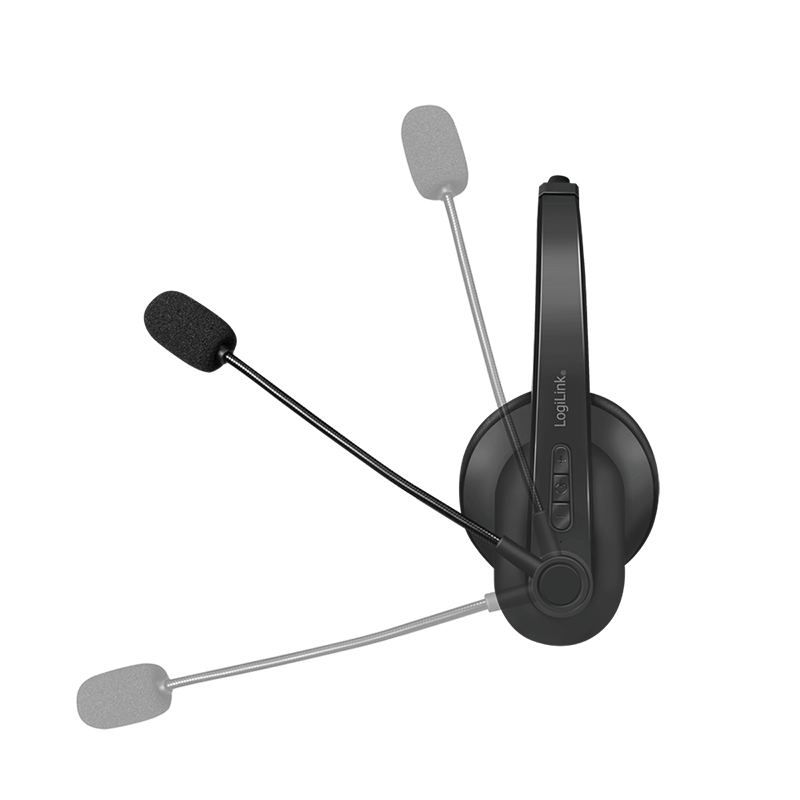 Auriculares negros LogiLink con brazo de micrófono ajustable sobre fondo blanco.