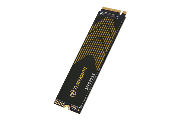 Dysk SSD Transcend MTE255S M.2 NVMe z czarnym radiatorem i złotymi wzorami na białym tle.