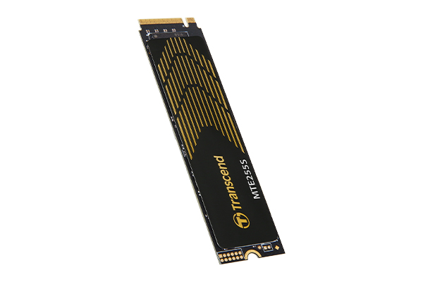 Czarny dysk SSD Transcend MTE255S M.2 ze złotymi liniami na gładkim białym tle.