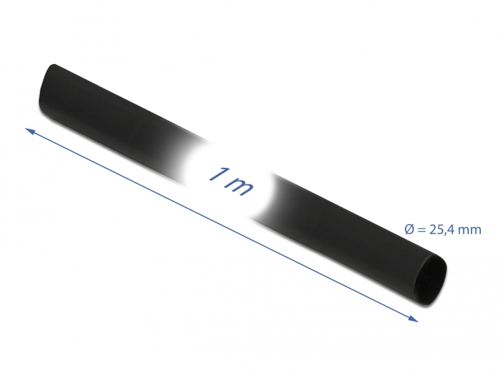 Ein schwarzer 1 Meter langer Schrumpfschlauch mit 25,4 mm Durchmesser auf weißem Hintergrund.