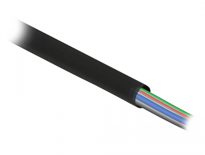 Ein schwarzer Schrumpfschlauch umgibt mehrere bunte Kabel vor weißem Hintergrund.