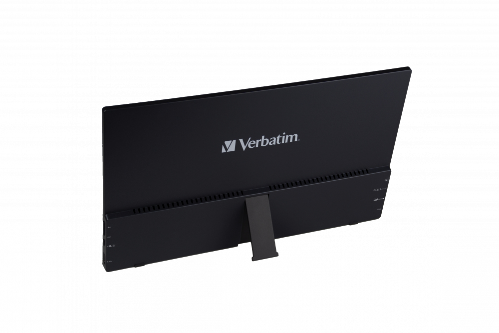 Vue arrière d'un moniteur portable Verbatim noir avec pied sur fond blanc.