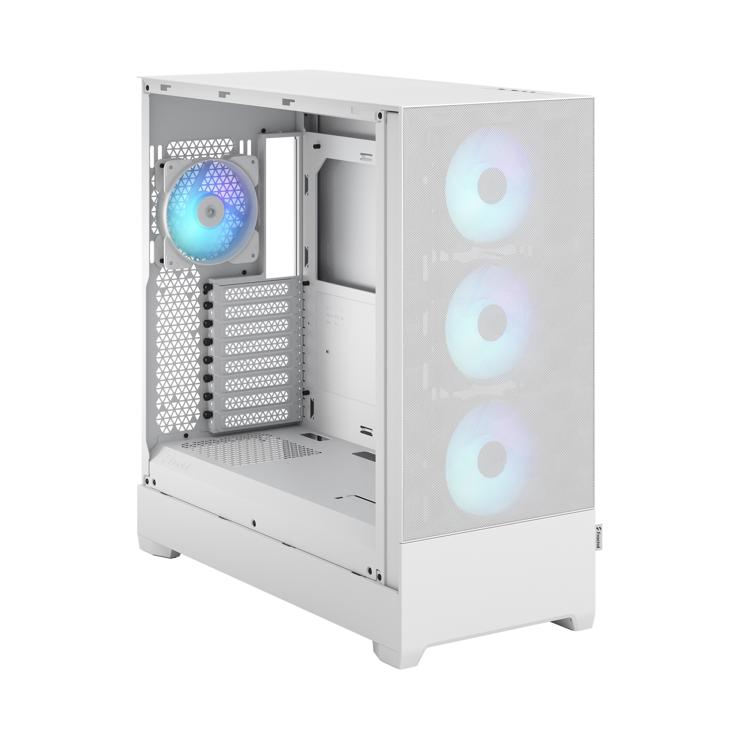 Un boîtier de PC blanc avec une façade en maille et des ventilateurs lumineux sur fond blanc.