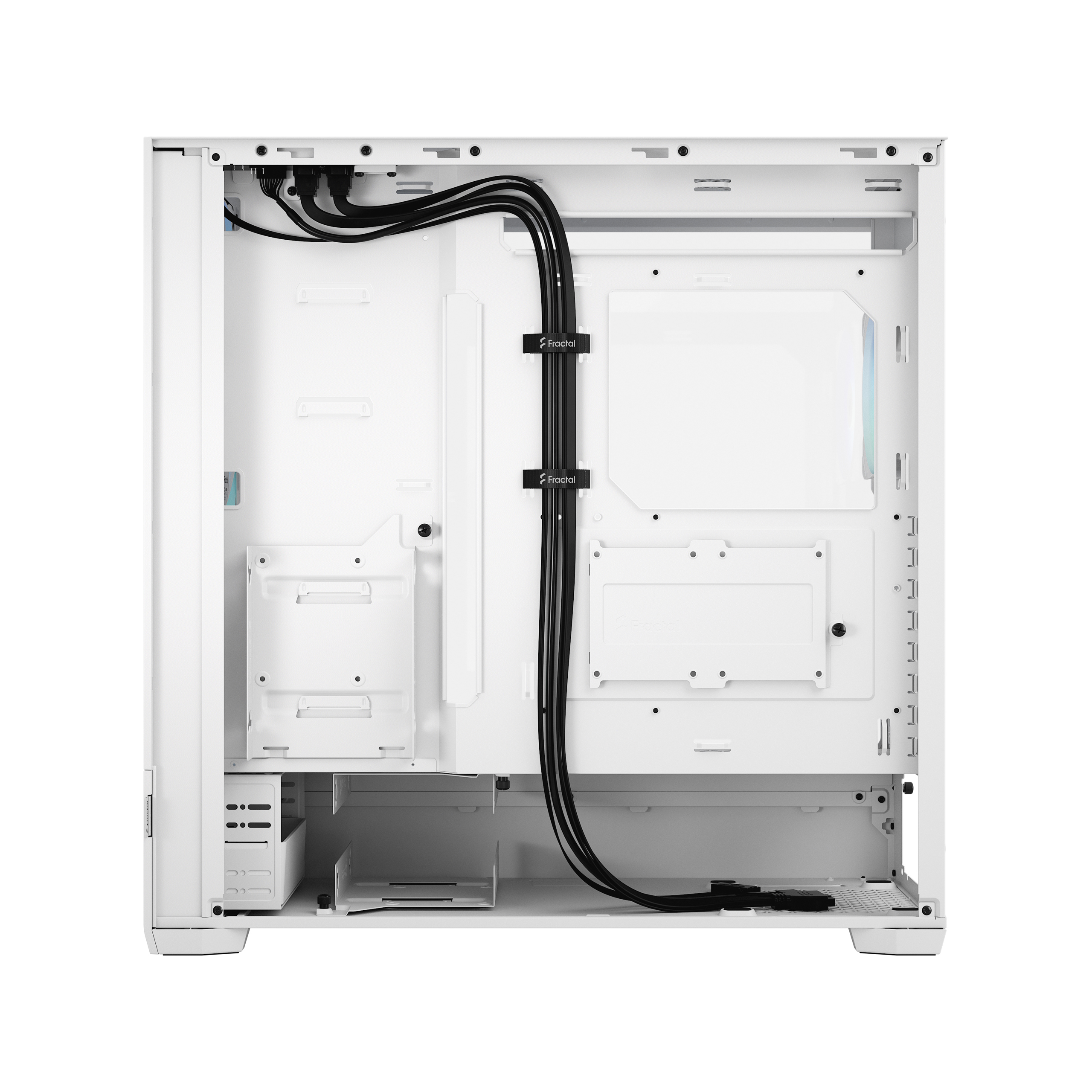 Intérieur d'un boîtier de PC blanc avec des câbles noirs bien rangés.