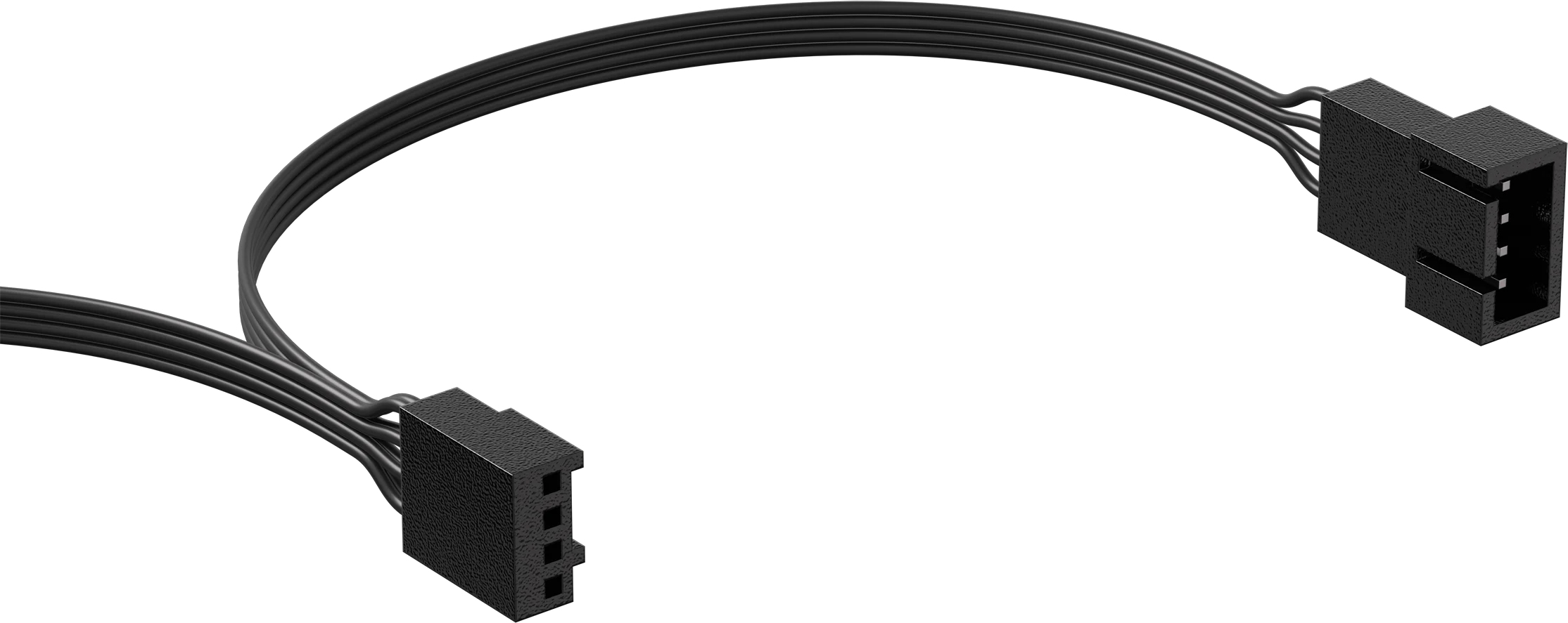 Een zwarte vieraderige kabel metconnectoren aan beide uiteinden op een witte achtergrond.