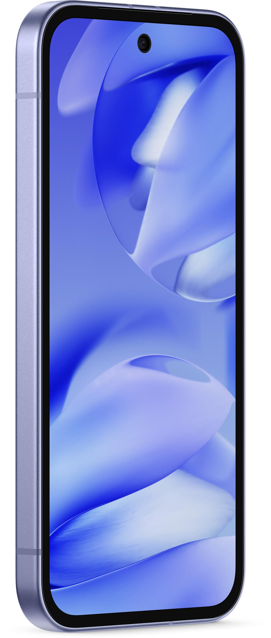 A purple smartphone with a blue abstract wallpaper and front camera.