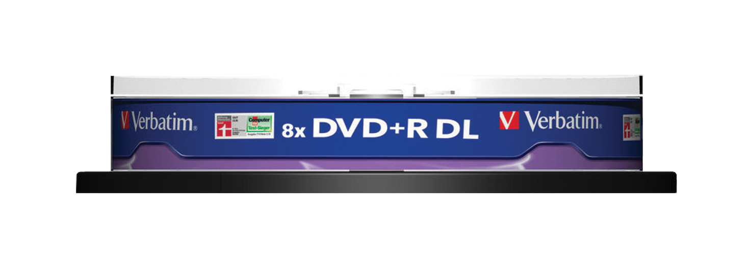 Seitenansicht einer blauen Verbatim 8x DVD+R DL Hülle mit weißem Text.