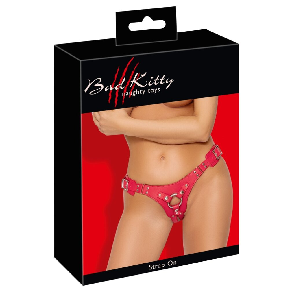 Verpackung von Bad Kitty mit einer Frau, die ein pinkfarbenes Lederharness trägt.