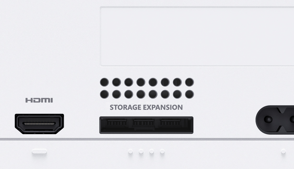 Rückseite einer weißen Konsole mit HDMI-Anschluss, Speichrerweiterung und Stromanschluss.