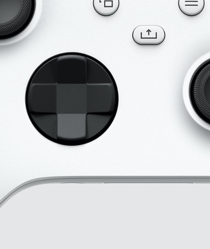 Nahaufnahme eines weißen Xbox-Controllers mit schwarzem Hybrid-D-Pad, Teilen-Taste und Analogstick.