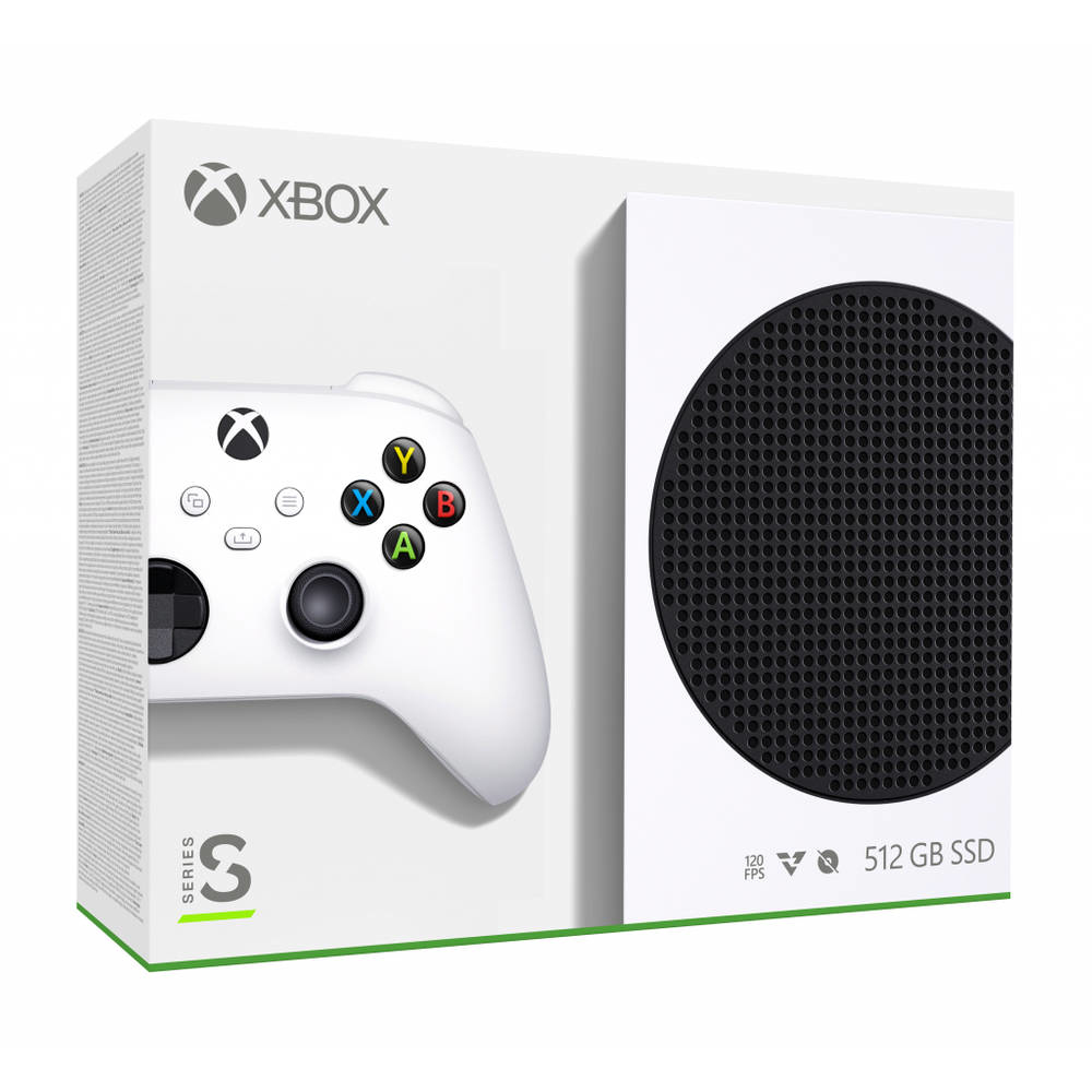 Verpackung der Xbox Series S Konsole mit weißem Controller, Frontansicht.