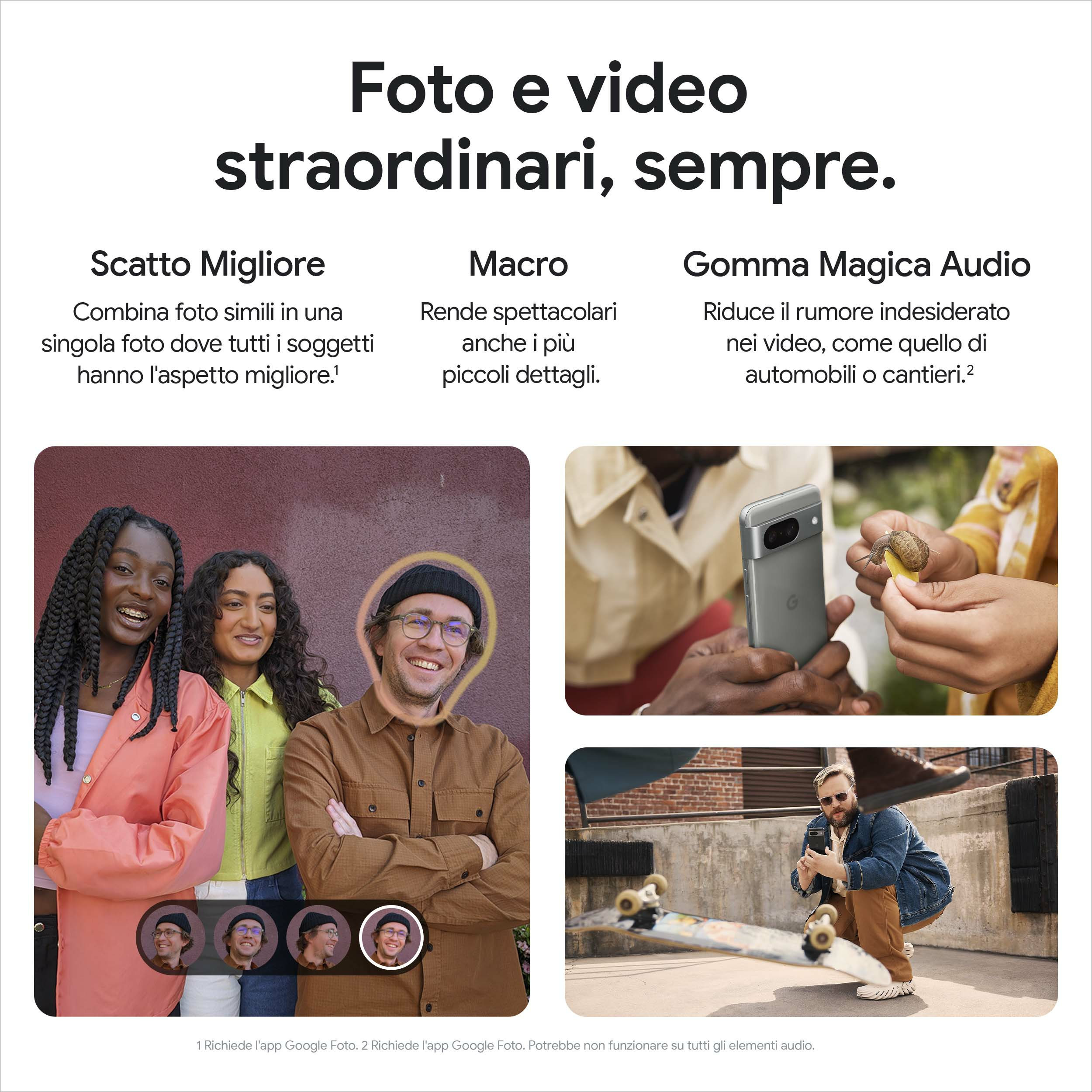 An ad showing photo and video features of a smartphone, with smiling people and camera UI examples.