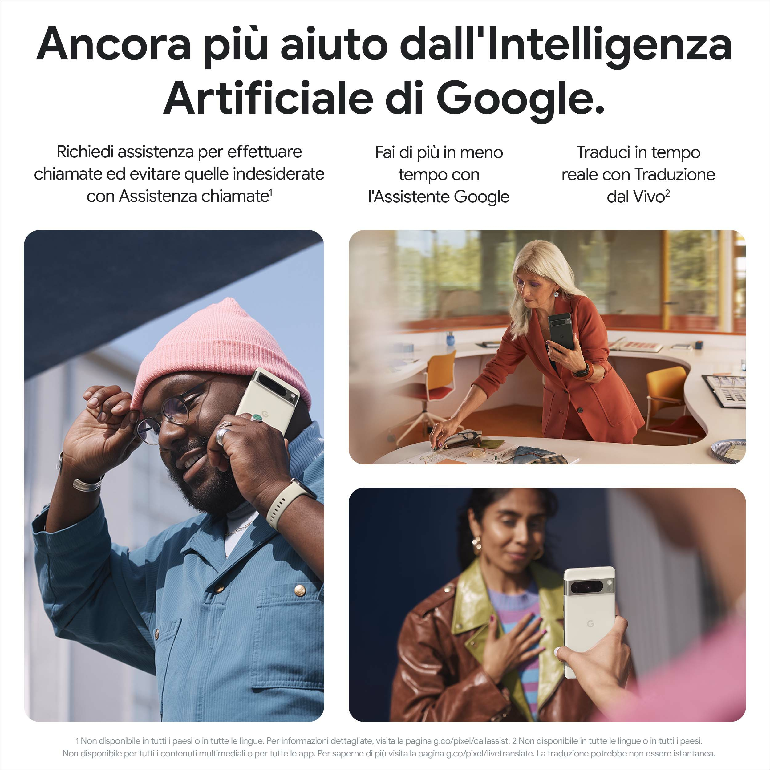 Google AI advertisement showing three people using Pixel smartphones.