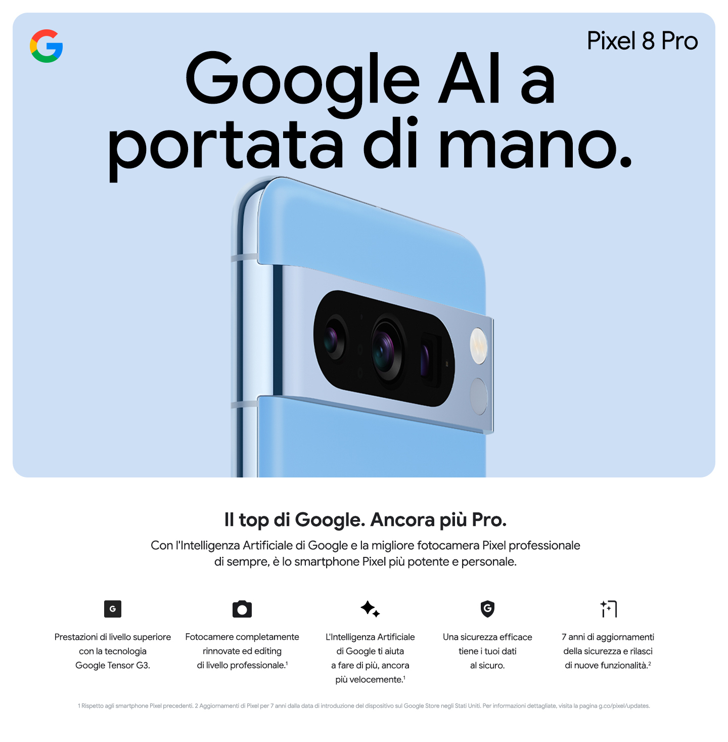 Promotional poster for the Pixel 8 Pro with a blue back and Google AI slogan.