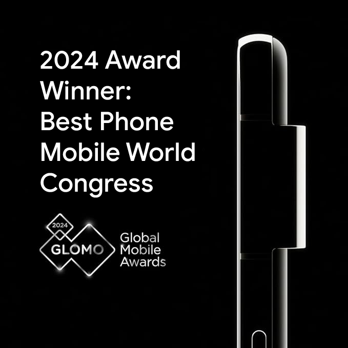 Black background with text about a 2024 Mobile World Congress phone award and a smartphone side profile.