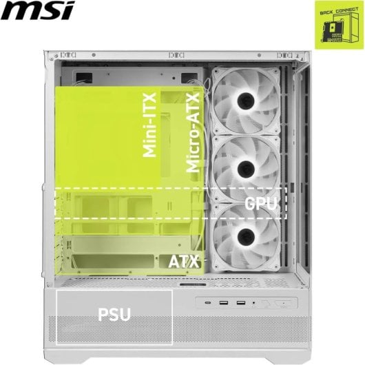 Boîtier PC MSI blanc montrant les emplacements de carte mère, GPU, trois ventilateurs et alimentation.