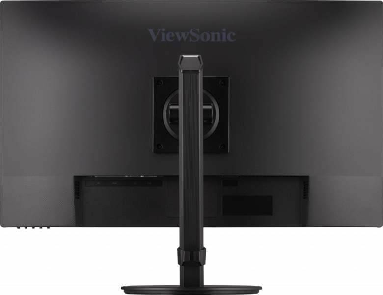 Die Rückseite eines schwarzen ViewSonic-Monitors mit zentralem Standfuß.