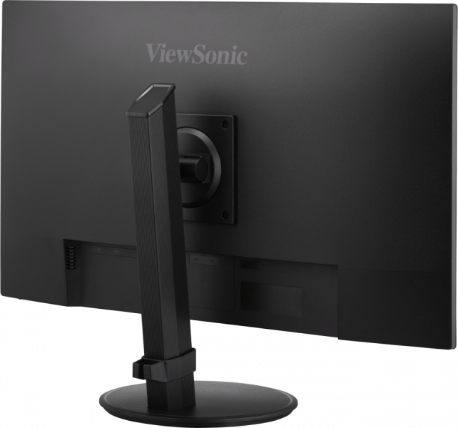 Rückseite eines schwarzen ViewSonic-Monitors mit Standfuß auf weißem Hintergrund.