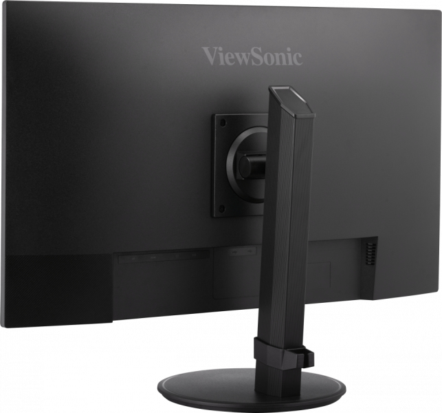 Rückansicht eines schwarzen ViewSonic Monitors mit einem runden Standfuß.