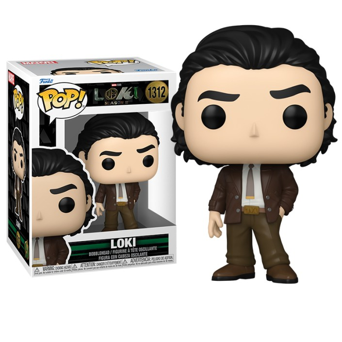 Loki Funko Pop Figur mit brauner Jacke und Krawatte neben ihrer Verpackung.