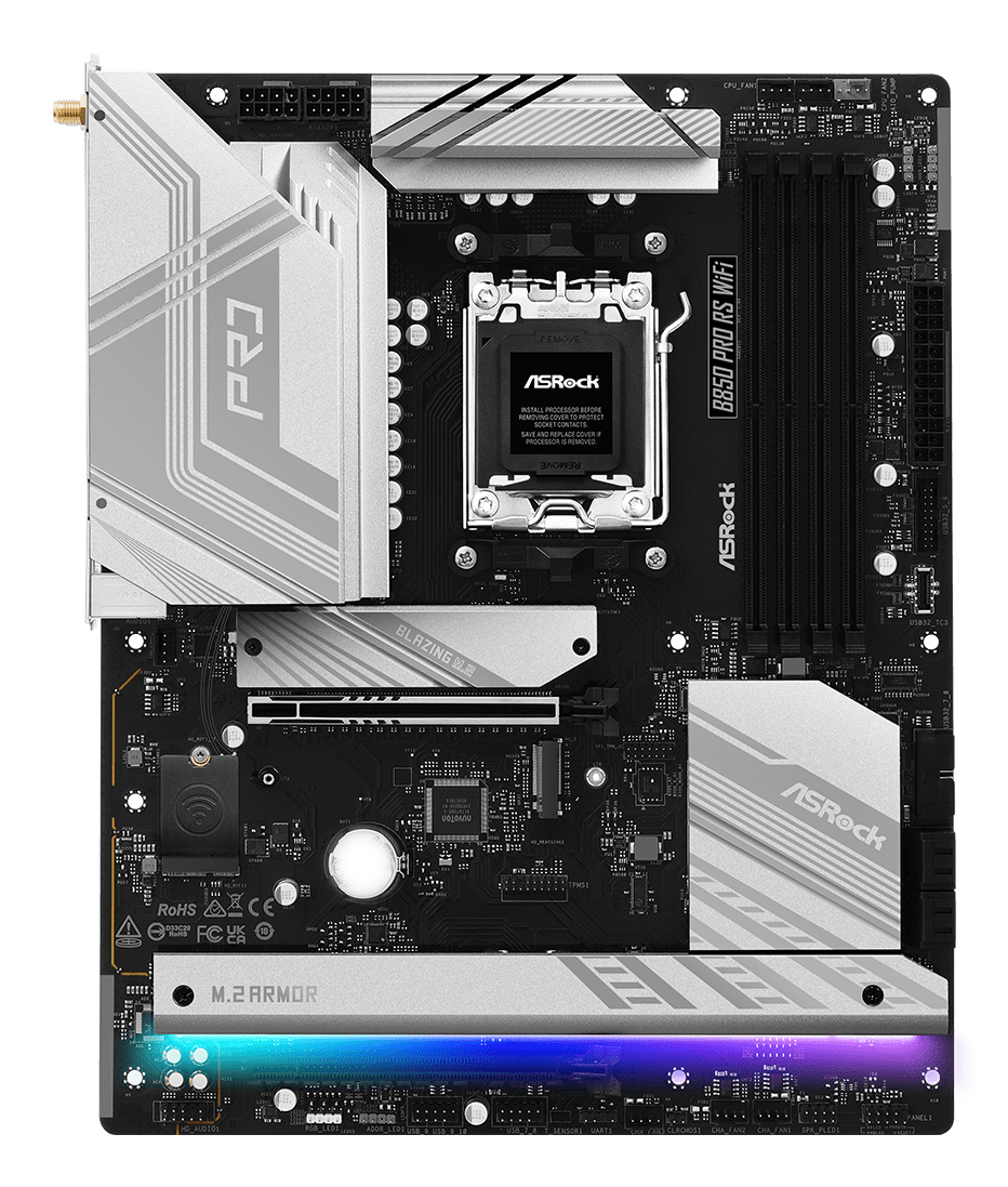 Czarno-srebrna płyta główna Asrock B650 Pro RS WiFi z gniazdami, radiatorami i podświetlaną dolną krawędzią.