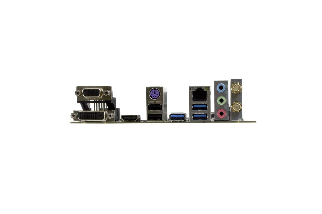 Tylny panel płyty głównej z różnymi portami, w tym USB, HDMI, audio i wideo, na białym tle.