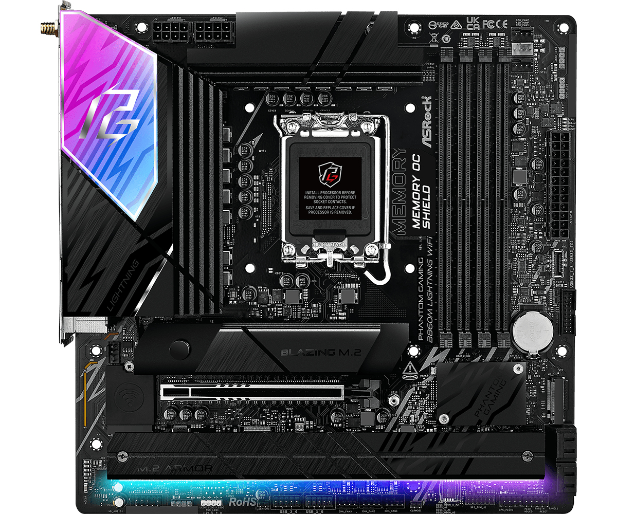 Czarna płyta główna z kolorowymi akcentami, gniazdem CPU, slotami RAM i radiatorami.
