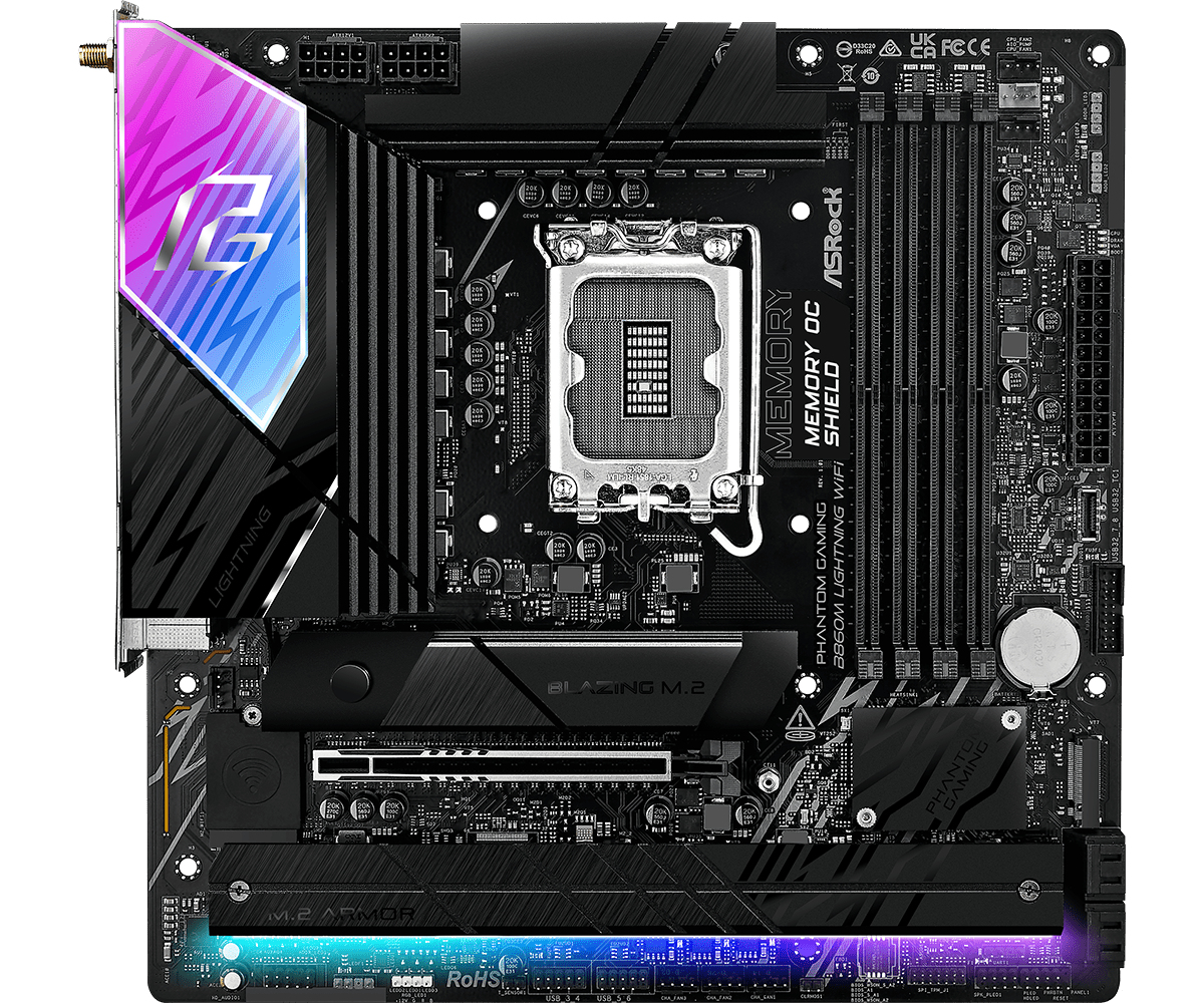 Czarna płyta główna z gniazdem CPU, slotami RAM, radiatorami i kolorową osłoną I/O.