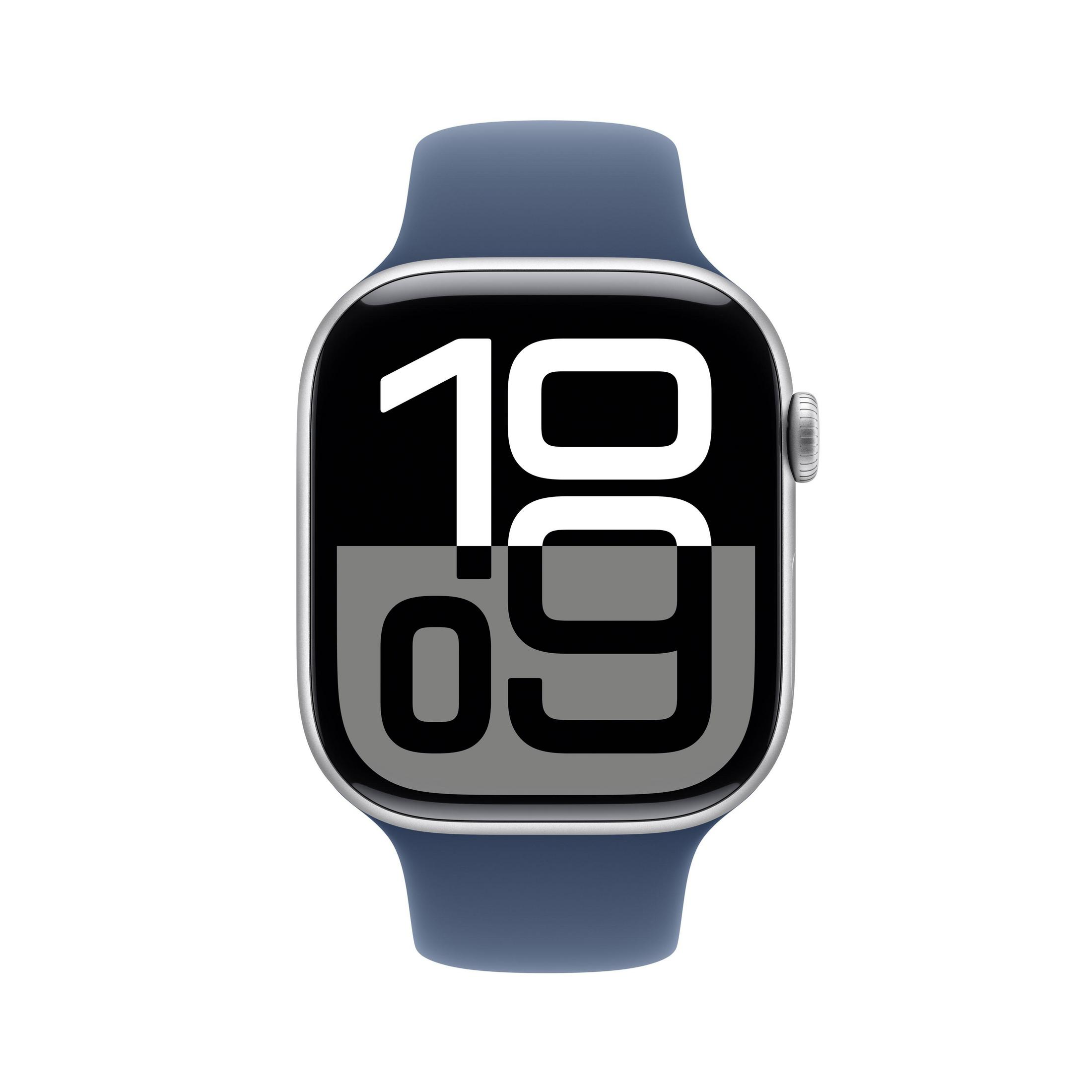 Eine Smartwatch mit blauem Armband und Digitaldisplay zeigt große weiß-schwarze Zahlen 10:09.