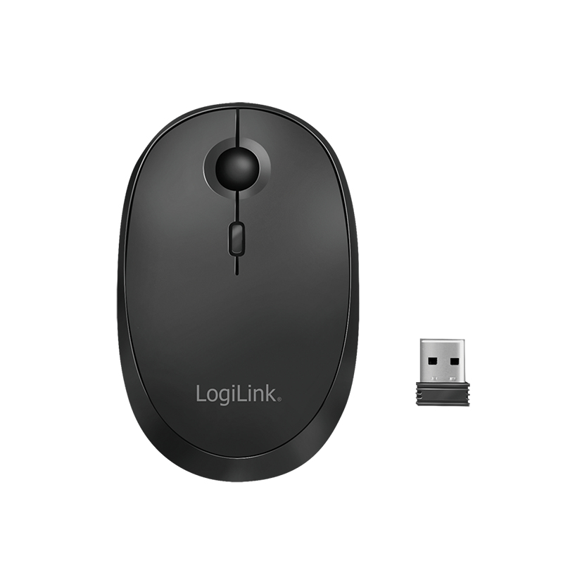 Un ratón inalámbrico negro LogiLink con un receptor USB sobre fondo blanco.