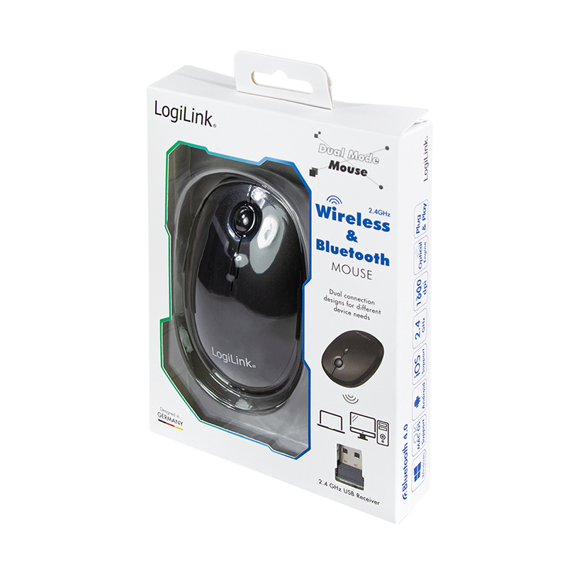 Ratón inalámbrico y Bluetooth LogiLink en embalaje blanco.