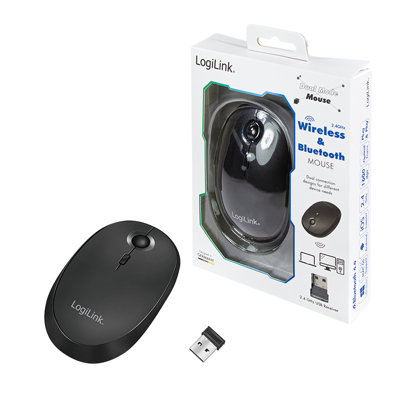 Ratón inalámbrico y Bluetooth negro LogiLink con receptor USB y caja.