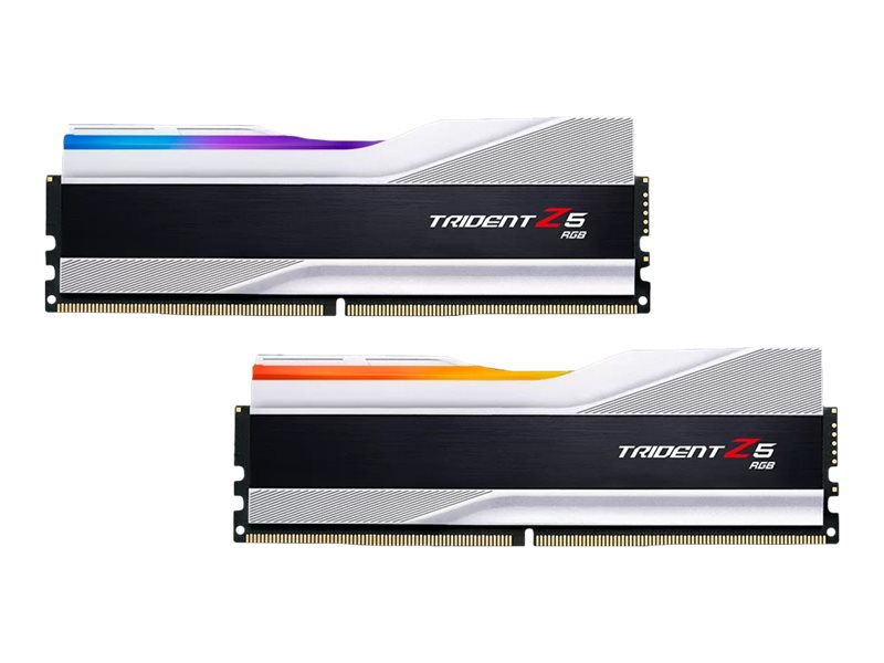 Dwa biało-czarne moduły pamięci RAM Trident Z5 RGB z podświetleniem RGB na białym tle.