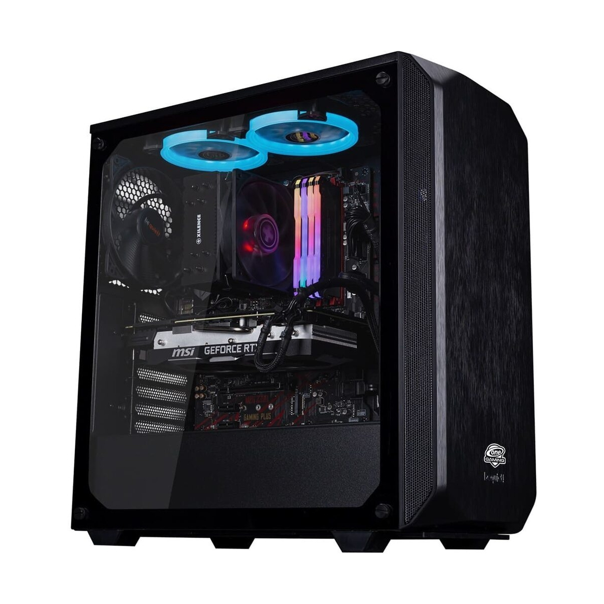 Ein schwarzer Gaming-PC mit beleuchteten blauen Lüftern und RGB-RAM durch ein Glasfenster.