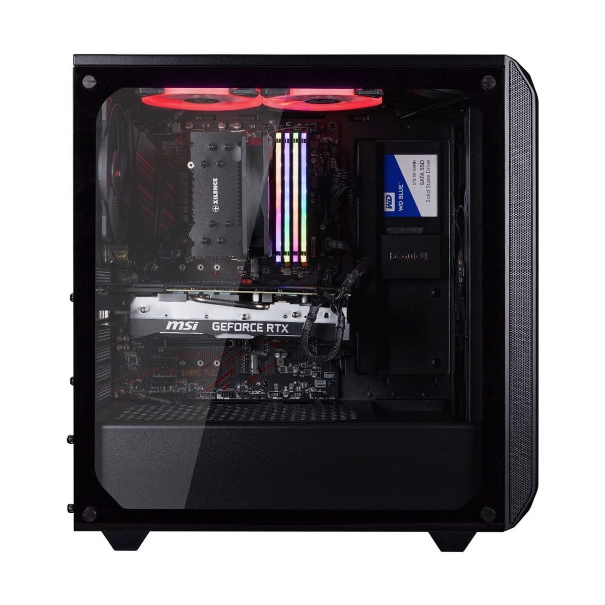 Ein schwarzer PC-Tower mit Glasfenster zeigt beleuchtete Komponenten, MSI-Grafikkarte und WD SSD.