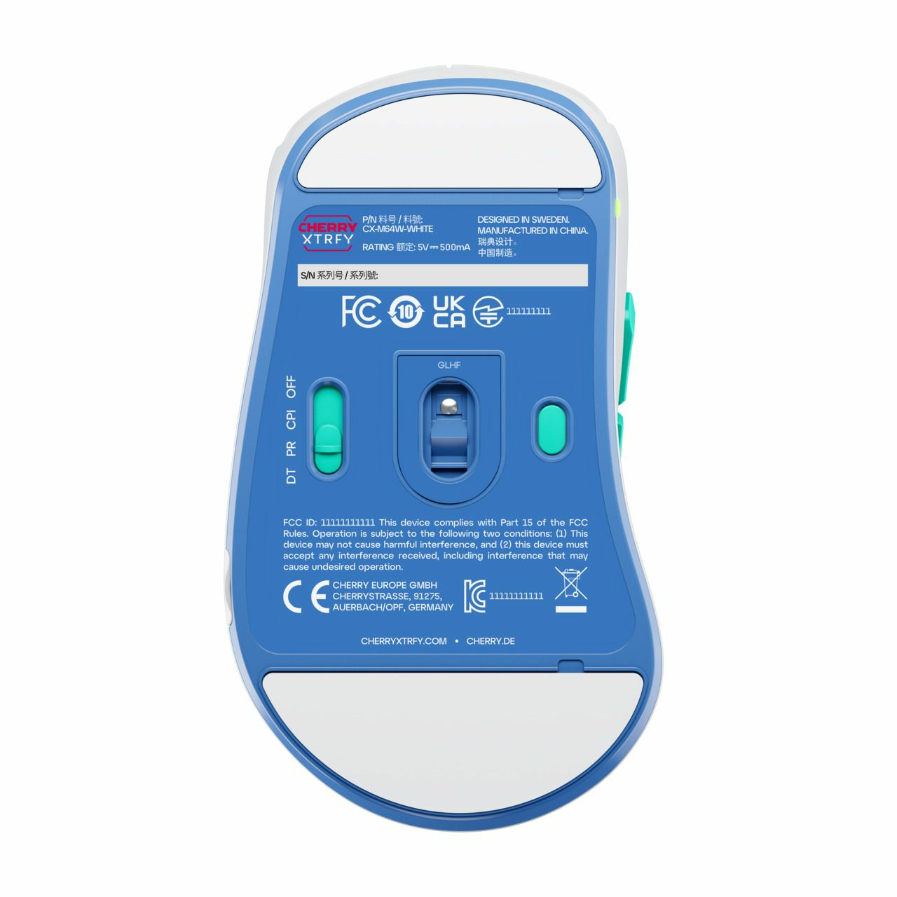 Unterseite einer blauen Computermaus mit Sensor, Schaltern und regulatorischen Informationen.
