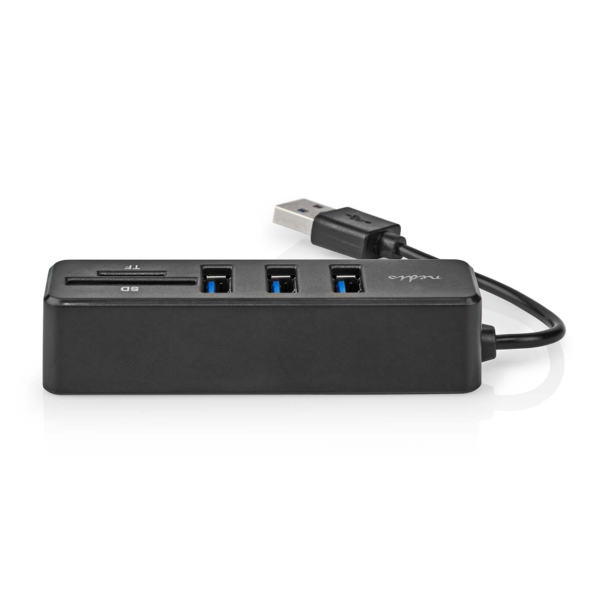 Un hub USB noir avec trois ports USB et des lecteurs de cartes sur fond blanc.