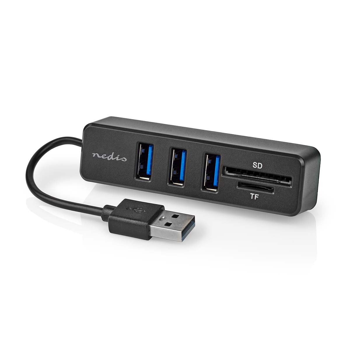 Un hub USB noir avec trois ports USB 3.0, des fentes pour cartes SD et TF, et un câble attaché sur fond blanc.
